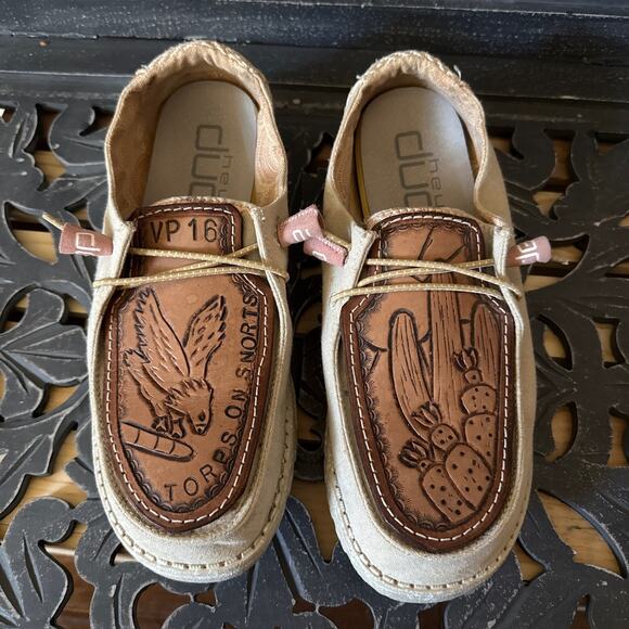 Hey Dude Wendy Custom Hand Tooled Leather Canvas US Navy VP-16 Shoes Woman’s 10 - Picture 6 of 14